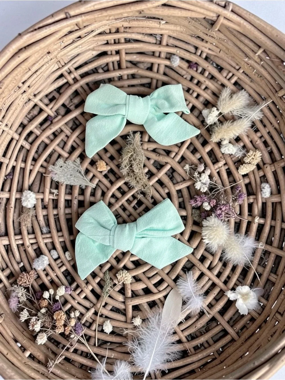 Set of 2 Mint Green Linen Hair Bows Cottagecore Classic Alligator Clips